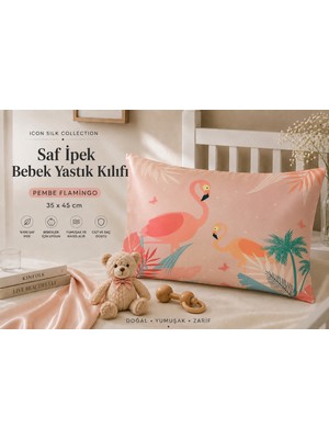 ICON SILK %100 Saf Ipek Bebek Yastık Kılıfı (Pembe Flamingo)