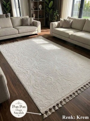 NarStore Home Krem Kaymaz Taban Pon Pon Saçaklı Yıkanabilir Salon Halısı Mutfak Halısı Yolluk
