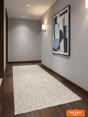 NarStore Home Düz Desen Saçaklı Bej Yıkanabilir Kaymaz Taban Kesme Halı Yolluk