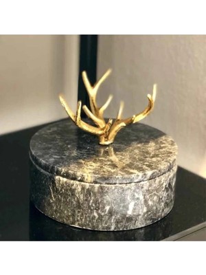 Miarik Design Dekoratif Geyik Boynuzu Detayli Gold Pirinç Kulplu Koyu Gri Kutu Büyük Boy