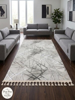 NarStore Home Dinar Mila Taş Gri Pon Pon Örgü Saçaklı Yıkanabilir Kaymaz Yolluk Halı Modern Desen