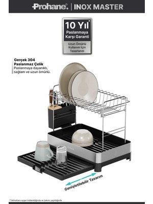 Prohane Inox Master KD400 | Genişletilebilir 2 Katlı Bulaşıklık | 304 Paslanmaz Çelik | Su Tahliyeli Tezgah Üstü Kurutmalık