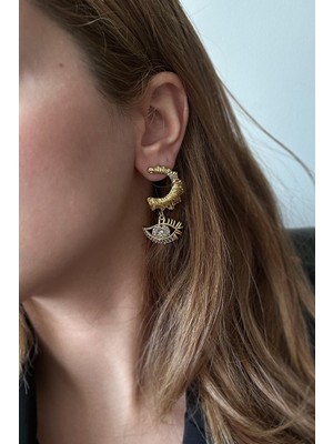 New Obsessions Artisan Hilal Gömme Taşlı 18 K Altın Kaplama Sallantılı Küpe