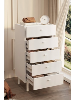 Yurudesign Luke Şifonyer 5 Çekmeceli Ahşap Ayaklı Beyaz Lk4-W