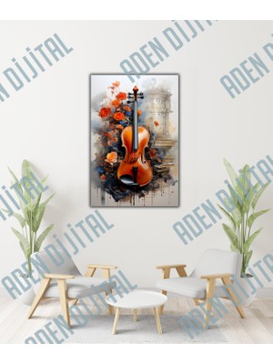 Aden Dijital Dekoratif Çiçekler ve Keman Temalı Müzik  Kanvas Tablo