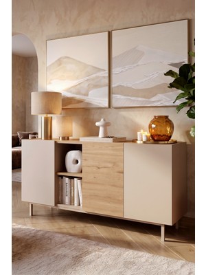 Yurudesign Sedra Konsol 3 Kapaklı Raflı Ahşap Ayaklı 150CM Kumsal-Sepet Sd6-Cs
