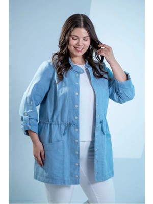 Roxxlen Büyük Beden Bel Bağlamalı Denim Gömlek Mavi