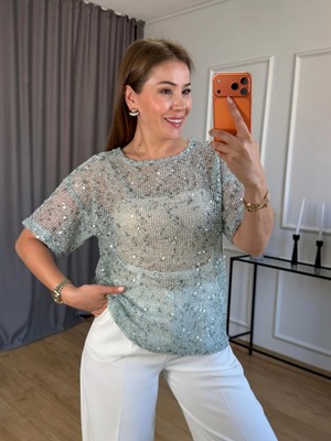 Size Özgü Mint Yeşili Pullu File Bluz
