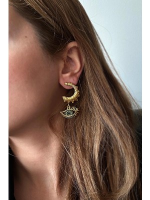 New Obsessions Artisan Hilal Gömme Taşlı 18 K Altın Kaplama Sallantılı Küpe