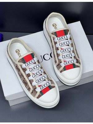 Evlium Gucci Kadın Beyaz Canvas Platform Taban Bağcıklı Sneaker Ayakkabı