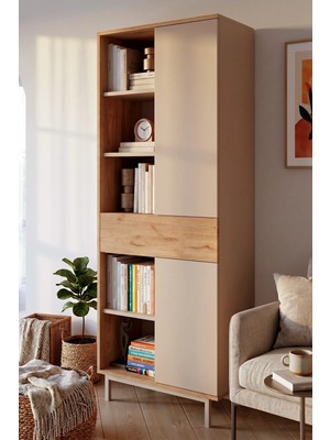 Yurudesign Sedra Kitaplık Raf Ahşap Ayaklı 189CM 2 Kapaklı Çekmeceli Kumsal-Sepet Sd7-Cs