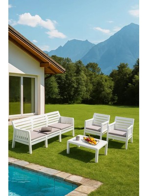 ModaLife Yakamoz Bahçe Seti 3 1 1 S Minderli , Bahçe Takımı Balkon - Bahçe - Teras Mobilyası / Beyaz