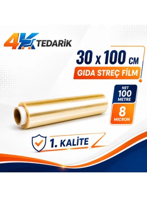 100 Metre x 30 cm Gıda Streçi 8 Micron | Kutusuz Ev Tipi ve Endüstriyel Streç Film 1. Kalite (Net  100 Metre)