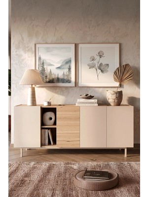 Yurudesign Sedra Konsol 4 Kapaklı Raflı Ahşap Ayaklı 180CM Kumsal-Sepet Sd5-Cs