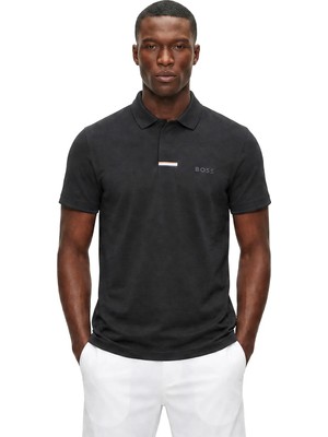 Boss Erkek Normal Kesim Kontrast Logo Çizgili Kısa Kollu Siyah Polo Yaka T-Shirt 50564728-001