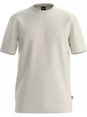 Boss Erkek Regular Fit Yuvarlak Yakalı Logo Detaylı Pamuklu Kısa Kollu Ekru T-Shirt 50565630-118