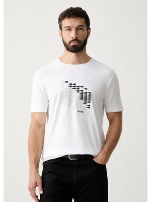 Boss Erkek Bisiklet Yaka Baskılı Rahat Beyaz T-Shirt 50566853-100