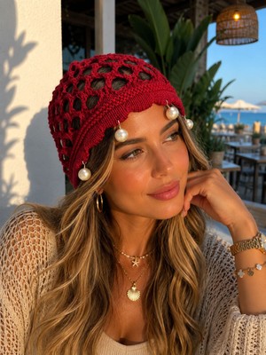 Aydın Şapkacınız Kadın Yazlık Inci Detaylı Örme Saç Filesi Bandana Şapka – El Yapımı Görünümlü Bohem Şıklık