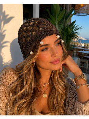 Aydın Şapkacınız Kadın Yazlık Inci Detaylı Örme Saç Filesi Bandana Şapka – El Yapımı Görünümlü Bohem Şıklık