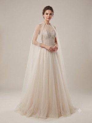 Centilmen For Costume Taş Işlemeli Pelerinli Tül Abiye Elbise 10523