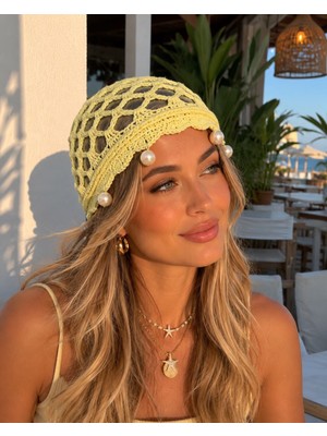 Aydın Şapkacınız Kadın Yazlık Inci Detaylı Örme Saç Filesi Bandana Şapka – El Yapımı Görünümlü Bohem Şıklık