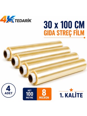 100 Metre x 30 cm Gıda Streçi 8 Micron 3lü Paket | Kutusuz Ev Tipi ve Endüstriyel Streç Film 1. Kalite (Net  100 Metre)