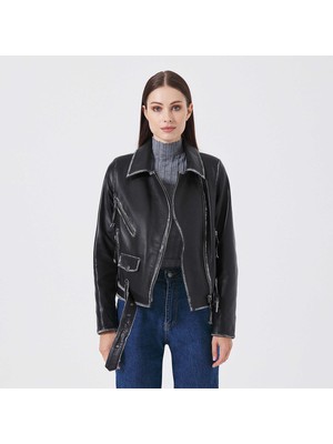 Tergan Siyah Hakiki Deri Kadın Deri Biker Mont - K23KDM320406-Q3H