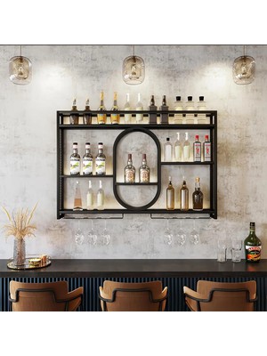 Merzana Modern Metal Şaraplık Rafı – Kadehlikli Duvar Bar Ünitesi ve Içecek Düzenleyici