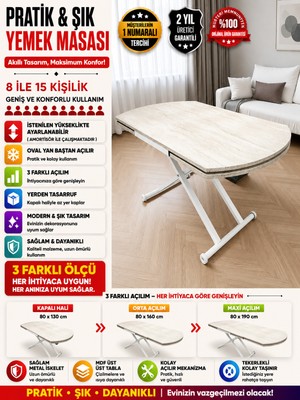 Yan Baştan Açılır Oval Akıllı Yemek Masası Mdf Traverten Tabla Alt Mekanizma Metal