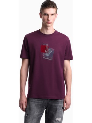 Emporio Armani Erkek Nefes Alabilen Pamuklu Jarse Kumaş Desenli Kısa Kollu Mor T-Shirt EM006924 AF14795-FA022