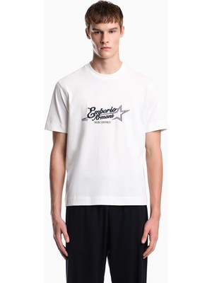 Emporio Armani Erkek Kalın Jarse Dokuma Kumaş Logo Nakışlı Yuvarlak Yakalı Kısa Kollu Beyaz T-Shirt EM006809 AF13715-U0003