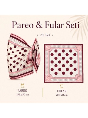 Tarzını Seç Premium Bordo Puantiye Desenli 2’li Kısa Pareo ve Bandana Seti 150X50 cm / 70X70 cm