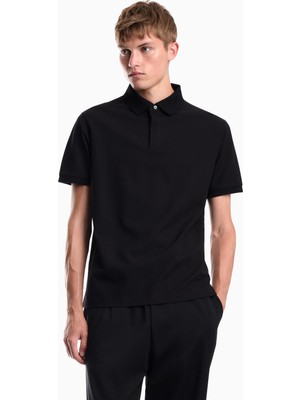 Emporio Armani Erkek Normal Kesim Pamuklu Jakarlı Jarse Kumaş Kısa Kollu Siyah Polo Yaka T-Shirt EM007039 AF10762-FC328
