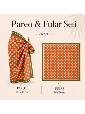 Tarzını Seç Premium Turuncu Beyaz Puantiye Desenli 2’li Kısa Pareo ve Bandana Seti 150X95 cm / 70X70 cm