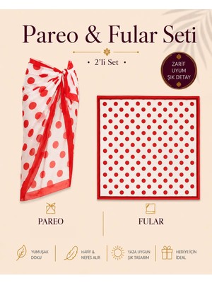 Tarzını Seç Premium Kırmızı Puantiyeli 2’li Yırtmaçlı Bağlamalı Pareo ve Bandana Seti 155X111 cm / 70X70 cm