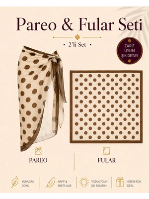 Tarzını Seç Premium Kahverengi Puantiyeli 2’li Yırtmaçlı Bağlamalı Pareo ve Bandana Seti 155X111 cm / 70X70 cm