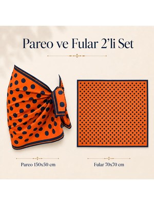 Tarzını Seç Premium Turuncu Siyah Puantiye Desenli 2’li Kısa Pareo ve Bandana Seti 150X50 cm / 70X70 cm