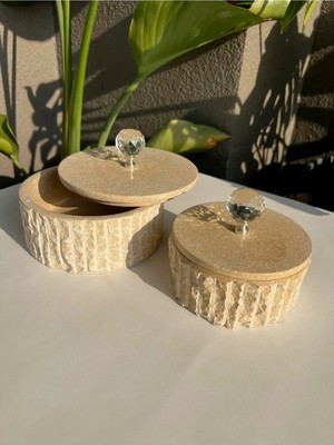 Miarik Design Dekoratif Mermer Taş Kutu Gümüş Kristal Pirinç Kulp Detayli 2 Li Kutu