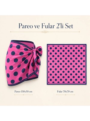 Tarzını Seç Premium Pembe Lacivert Puantiye Desenli 2’li Kısa Pareo ve Bandana Seti 150X50 cm / 70X70 cm