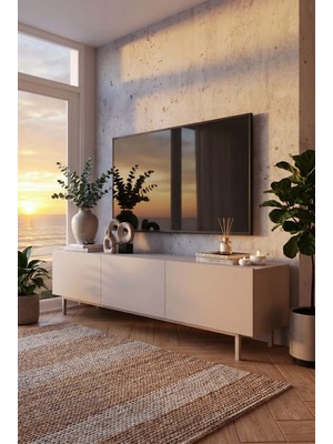 Yurudesign Coast Tv Ünitesi Sehpası 3 Kapaklı Ahşap Ayaklı 180CM Kumsal Co1-Co
