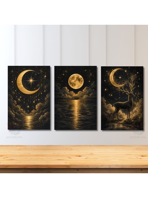Artarilion Dikey 3'lü Kanvas Tablo Seti Mistik Gece Gökyüzü Geyik Ay Yıldızlar Ev Ofis Tablosu Ev Dekorasyonu Yeni Ofis Hediyesi
