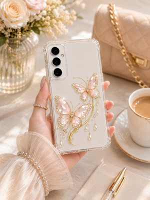 Powerfox Galaxy S25 Fe Kılıf Cute Altın Kelebek Baskılı Sevimli Darbe Emici MK01A