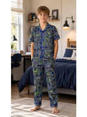 Enie Erkek Çocuk Gri Karakter Desenli Yazlık Pijama Takımı + Göz Bandı