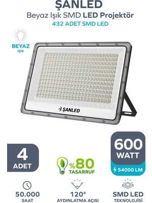 ŞANLED 600W 54.000 Lümen 6500K Beyaz Işık Smd LED Projektör-4 Adet
