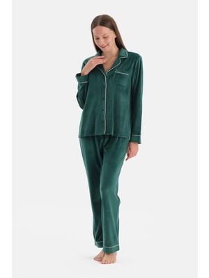 Dagi Koyu Yeşil Biye Detaylı Kadife Gömlek Pantolon Pijama Takımı