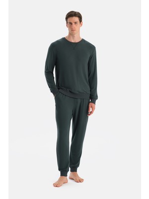 Dagi Koyu Yeşil Dikiş ve Bant Detaylı Uzun Kollu Tişört Pantolon Pijama Takımı