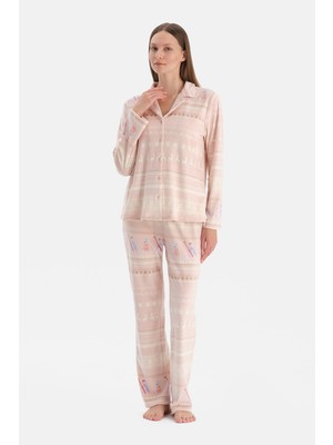 Dagi Sütlü Kahve Baskılı Kadife Gömlek Pantolon Pijama Takımı