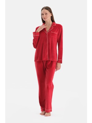 Dagi Kırmızı Biye Detaylı Kadife Gömlek Pantolon Pijama Takımı