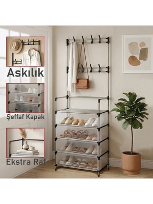 Trend Maison Çok Amaçlı Portatif Ayakkabılık ve Askılık 4 Katlı Şeffaf Ayakkabı Düzenleyicisi