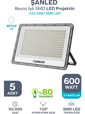 ŞANLED 600W 54.000 Lümen 6500K Beyaz Işık Smd LED Projektör-5 Adet
